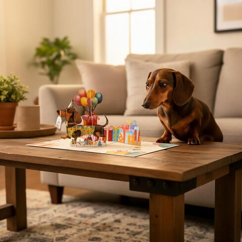 البالون dachshund يطفو على تشغيل بطاقة تهنئة عيد ميلاد سعيد ، هدية الحب المثالية للبالغين والأطفال مع ملاحظة فارغة ومغلف ، احتفال قابل للطي لابنته ، الابن ، أمي ، أبي ، صديق ، أطفال in Saudi Arabia