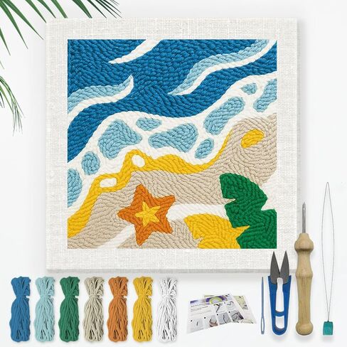 DOODLREAM BEACH DIY Punch Needle تطريز للمبتدئين البالغين ، 9.4 "Summer Sea Wave Punch Stitching Craft Latter مع إطار ، نمط النسيج ، الخيوط ، الغزل ، إبرة قرصة in Kuwait