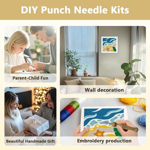 DOODLREAM BEACH DIY Punch Needle تطريز للمبتدئين البالغين ، 9.4 "Summer Sea Wave Punch Stitching Craft Latter مع إطار ، نمط النسيج ، الخيوط ، الغزل ، إبرة قرصة in Kuwait