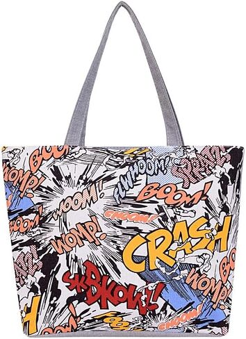 Canvas Tote Bag, Large Capacity Shoulder Bag with Multicolor Patterns, Grey Handles, Art Design Shopping Handbag for Women (E) in Saudi Arabia