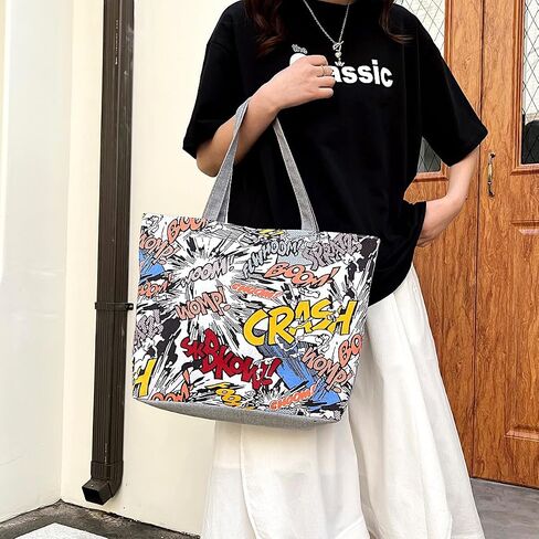 Canvas Tote Bag, Large Capacity Shoulder Bag with Multicolor Patterns, Grey Handles, Art Design Shopping Handbag for Women (E) in Saudi Arabia
