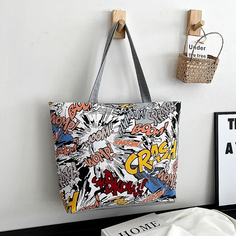 Canvas Tote Bag, Large Capacity Shoulder Bag with Multicolor Patterns, Grey Handles, Art Design Shopping Handbag for Women (E) in Saudi Arabia