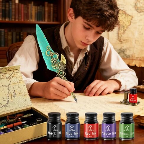 قلم CunMei Quill Pen، مجموعة حبر قلم الريش، مجموعة أقلام الخط من الريش مع قلم ريشة، حبر 20 مل، 8 سنون قابلة للاستبدال، ختم، ختم الشمع، حامل القلم، هدية فنية رومانسية منقوشة عتيقة (الدراج) in Kuwait