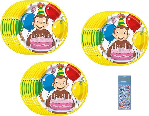 Unique Curious George Birthday Party Supplies Bundle includes 24 Lunch Paper Plates and 1 Dinosaur Sticker Sheet in Saudi Arabia