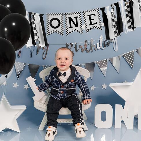 1st Birthday High Chair Banner, Black White Race Car Birthday Banners, One Highchair Banner Tassel, First Birthdays Photo Prop Boy Racing Theme Decoration in Kuwait