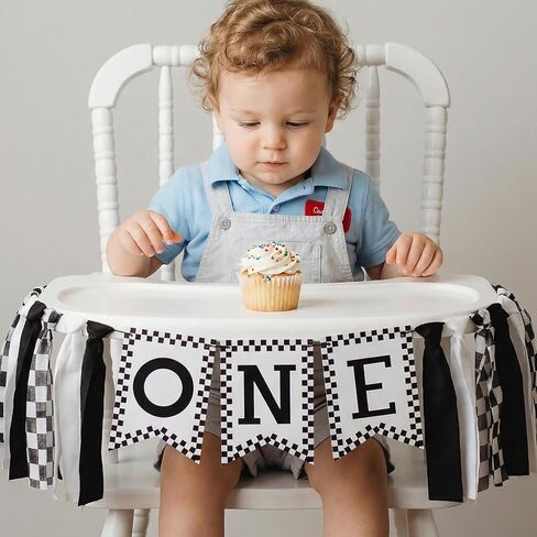 1st Birthday High Chair Banner, Black White Race Car Birthday Banners, One Highchair Banner Tassel, First Birthdays Photo Prop Boy Racing Theme Decoration in Kuwait