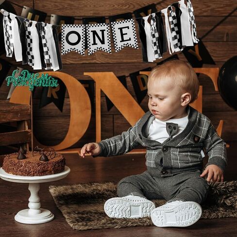 1st Birthday High Chair Banner, Black White Race Car Birthday Banners, One Highchair Banner Tassel, First Birthdays Photo Prop Boy Racing Theme Decoration in Kuwait