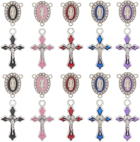 Sunnyclue 1 Box 12pcs 6 Colors 2 Styles Rosary Cross Charms Easter Medal Medal Charms Antique Tibetan Silver Silver Crunctivix Connector for Jewelry Making Supplies Crafts Necklace Women in Kuwait