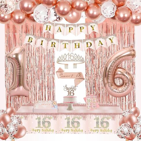 Sweet 16 Party Decorations, JKIYT Happy 16th Birthday Decorations for Girls, Rose Gold Sweet Sixteen Decor Include Sash and Crown, Balloons, Banner, Tablecloth, Backdrop, Cake Topper & Birthday Card in Saudi Arabia