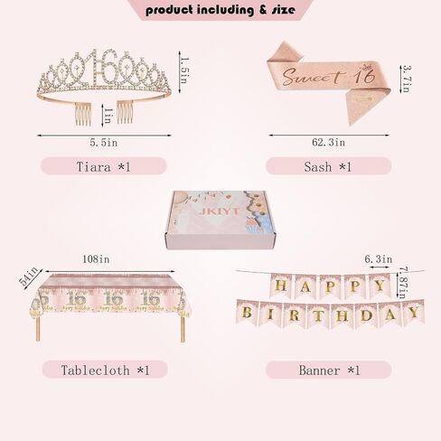 Sweet 16 Party Decorations, JKIYT Happy 16th Birthday Decorations for Girls, Rose Gold Sweet Sixteen Decor Include Sash and Crown, Balloons, Banner, Tablecloth, Backdrop, Cake Topper & Birthday Card in Saudi Arabia