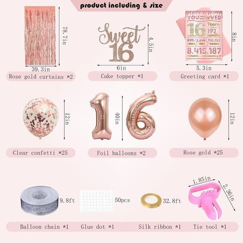 Sweet 16 Party Decorations, JKIYT Happy 16th Birthday Decorations for Girls, Rose Gold Sweet Sixteen Decor Include Sash and Crown, Balloons, Banner, Tablecloth, Backdrop, Cake Topper & Birthday Card in Saudi Arabia