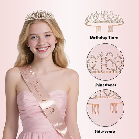 Sweet 16 Party Decorations, JKIYT Happy 16th Birthday Decorations for Girls, Rose Gold Sweet Sixteen Decor Include Sash and Crown, Balloons, Banner, Tablecloth, Backdrop, Cake Topper & Birthday Card in Saudi Arabia