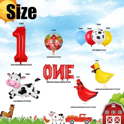 Farm Animal Balloons Cow Pig Balloon Farm Animal Theme 1st Birthday Party Decor Supplies Walking Animal Balloons Duck Rooster Large Number 1 Balloon ONE Letter Banner Balloon 14 Pcs in Kuwait
