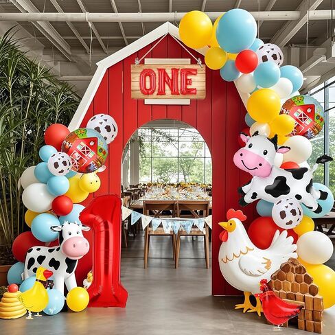 Farm Animal Balloons Cow Pig Balloon Farm Animal Theme 1st Birthday Party Decor Supplies Walking Animal Balloons Duck Rooster Large Number 1 Balloon ONE Letter Banner Balloon 14 Pcs in Kuwait