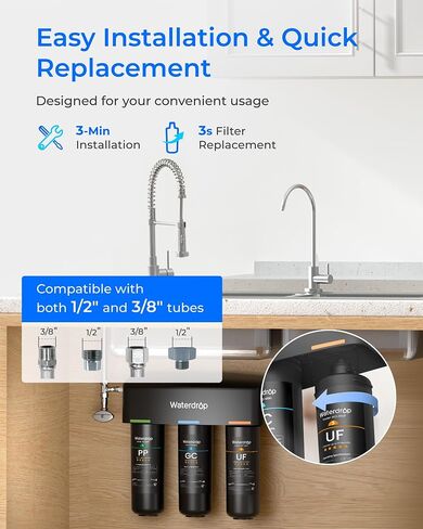Waterdrop WD-10CT Under Sink Water Filter, Replacement for Waterdrop TSA & TSB 3-stage Under Sink Water Filter System in Kuwait