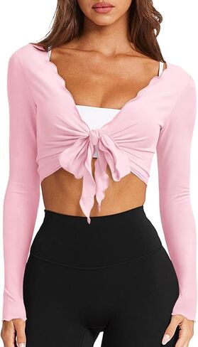 Laslulu Womens Tie Tie Top Front Tops Long Sleeve Bolero تجاهل محصول Cardigan Yoga Ballet التستر على Tops Pilates Outfits in Kuwait