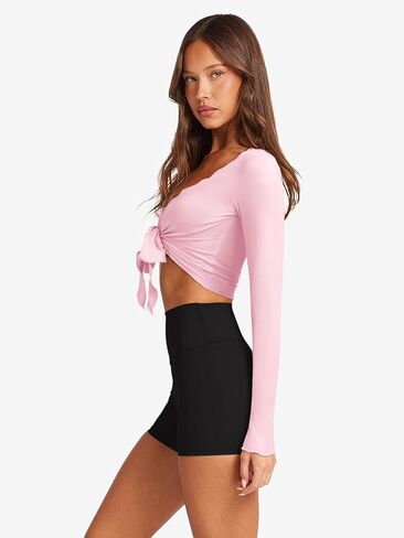 Laslulu Womens Tie Tie Top Front Tops Long Sleeve Bolero تجاهل محصول Cardigan Yoga Ballet التستر على Tops Pilates Outfits in Kuwait