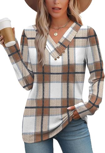 WIHOLL Long Sleeve Shirts for Women Fall Outfits V Neck T Shirts Button Down Tunic Tops Fashion Clothing in Kuwait