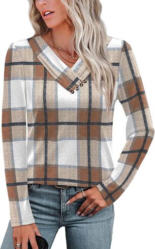 WIHOLL Long Sleeve Shirts for Women Fall Outfits V Neck T Shirts Button Down Tunic Tops Fashion Clothing in Kuwait