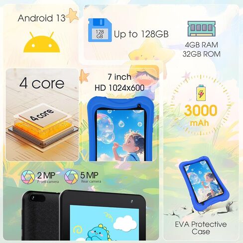 تابلت Digliand Android للأطفال مقاس 7 بوصات، Android 13، معالج رباعي النواة، 4 جيجابايت + 32 جيجابايت، تطبيقات تعليمية مثبتة مسبقًا، كاميرات مزدوجة 2 ميجابكسل + 5 ميجابكسل، بطارية 3000 مللي أمبير في الساعة، حافظة واقية مضادة للصدمات (أزرق) in Kuwait