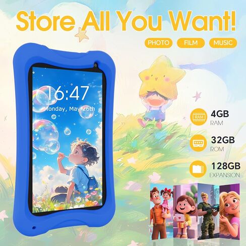تابلت Digliand Android للأطفال مقاس 7 بوصات، Android 13، معالج رباعي النواة، 4 جيجابايت + 32 جيجابايت، تطبيقات تعليمية مثبتة مسبقًا، كاميرات مزدوجة 2 ميجابكسل + 5 ميجابكسل، بطارية 3000 مللي أمبير في الساعة، حافظة واقية مضادة للصدمات (أزرق) in Kuwait