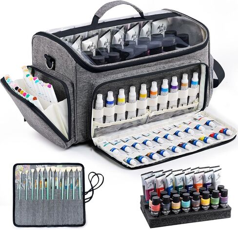 SFYBYHEART Acrylic Paint Organizer Bag with Washable Roll-Up Brush Holder, Large Art Supply Case, Craft Organizer with Foam Inserts for Apple Barrel, Shuttle Art, Caliart Art Supplies Storage Bag in Saudi Arabia