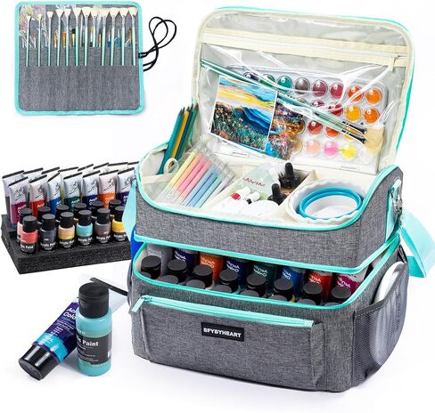 SFYBYHEART Acrylic Paint Organizer Bag with Washable Roll-Up Brush Holder, Large Art Supply Case, Craft Organizer with Foam Inserts for Apple Barrel, Shuttle Art, Caliart Art Supplies Storage Bag in Saudi Arabia