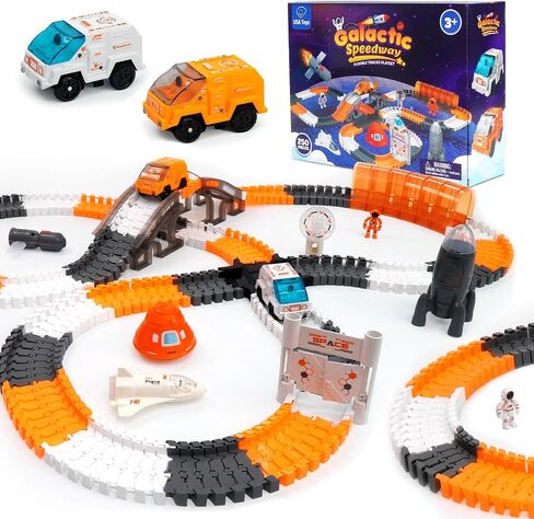 USA Toyz Galactic Race Tracks for Kids- 250pk Speedway Race Car Track Set with 225 Flexible Roads, 2 LED Toy Cars, Tunnels, Gate, Bridge, Intersection, Space Toys, STEM Building Toy for Boys and Girls in Saudi Arabia