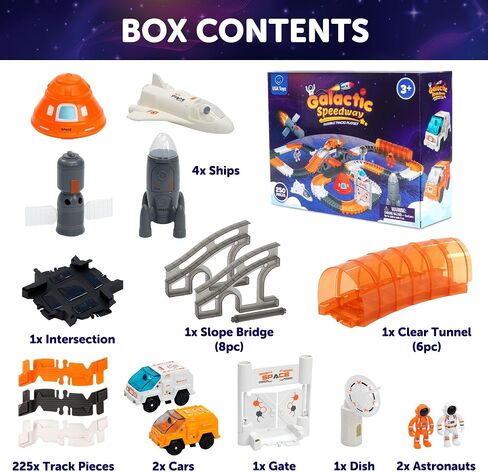 USA Toyz Galactic Race Tracks for Kids- 250pk Speedway Race Car Track Set with 225 Flexible Roads, 2 LED Toy Cars, Tunnels, Gate, Bridge, Intersection, Space Toys, STEM Building Toy for Boys and Girls in Saudi Arabia