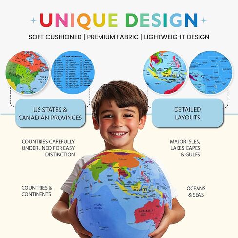 OneZa 12 "عالم ناعم للأطفال | ممتع وتعليمي، ملون بشكل مرح مع أسطورة الولايات المتحدة والمقاطعات الكندية | كرة أرضية تفاعلية للتعلم من خلال اللعب | الجغرافيا لألعاب الأطفال in Kuwait
