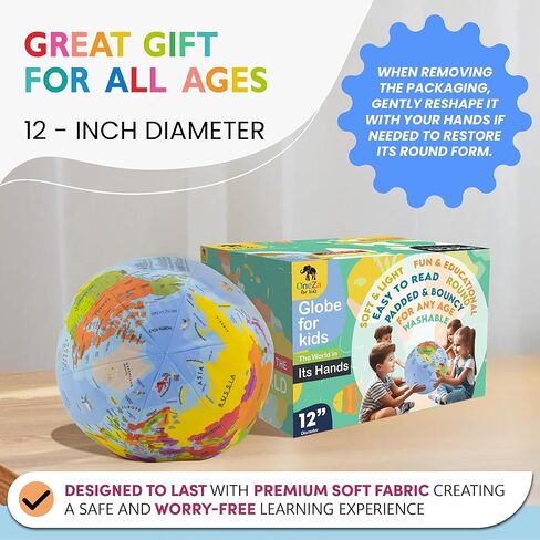 OneZa 12 "عالم ناعم للأطفال | ممتع وتعليمي، ملون بشكل مرح مع أسطورة الولايات المتحدة والمقاطعات الكندية | كرة أرضية تفاعلية للتعلم من خلال اللعب | الجغرافيا لألعاب الأطفال in Kuwait