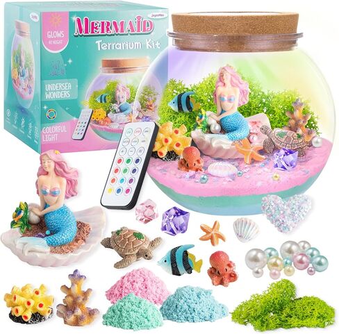 Mermaid Light-Up Terrarium Kit for Kids - LED Night Light Birthday Gift for Girls Ages 4 5 6 7 8-12 Year Old - Mermaid Toys for Girls - DIY Arts and Crafts Kit for Kids in Kuwait