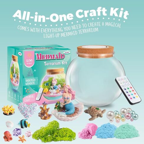 Mermaid Light-Up Terrarium Kit for Kids - LED Night Light Birthday Gift for Girls Ages 4 5 6 7 8-12 Year Old - Mermaid Toys for Girls - DIY Arts and Crafts Kit for Kids in Kuwait