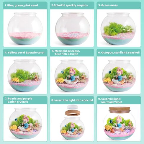 Mermaid Light-Up Terrarium Kit for Kids - LED Night Light Birthday Gift for Girls Ages 4 5 6 7 8-12 Year Old - Mermaid Toys for Girls - DIY Arts and Crafts Kit for Kids in Kuwait