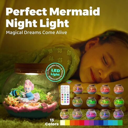 Mermaid Light-Up Terrarium Kit for Kids - LED Night Light Birthday Gift for Girls Ages 4 5 6 7 8-12 Year Old - Mermaid Toys for Girls - DIY Arts and Crafts Kit for Kids in Kuwait