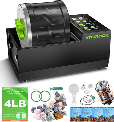 طقم بهلوان روك احترافي، أسطوانة كبيرة جدًا بسعة 4 رطل مع محرك بدون فرش متطور، سرعة ومؤقت قابلان للتعديل، قاعدة معدنية متينة للبالغين وهواة جمع الصخور - تتضمن ملحقات كاملة in Kuwait