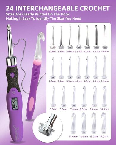 Upgraded Counting Crochet Hook Set - 24-in-1 Interchangeable Hooks Kit - Light Up, Digital Stitch & Row Counter- No Need to Move Fingers- Ergonomic for Arthritic Hands - Cool Gift in Saudi Arabia