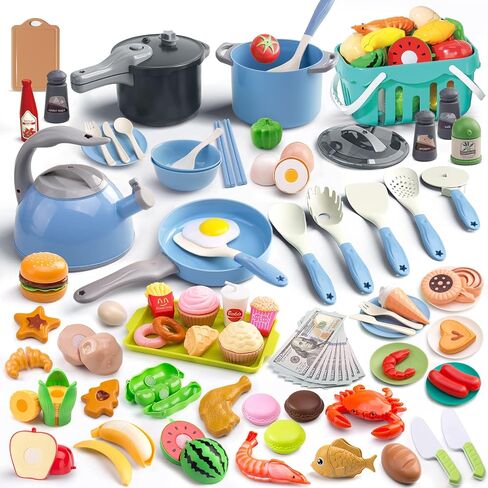 130Pcs Kitchen Playset, Toddler Pretend Cooking Play Pots, Pans, Utensils Cookware, Daily Food Fruit Veges, Shopping Storage Basket, Dessert, Prop Money, Learning Gift for Child (Blue) in Kuwait