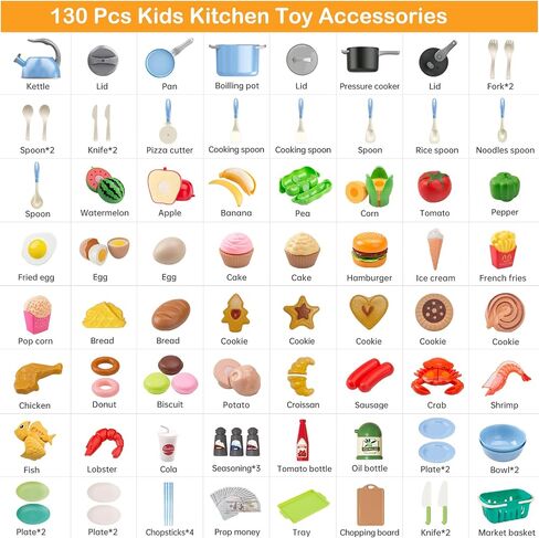 130Pcs Kitchen Playset, Toddler Pretend Cooking Play Pots, Pans, Utensils Cookware, Daily Food Fruit Veges, Shopping Storage Basket, Dessert, Prop Money, Learning Gift for Child (Blue) in Kuwait