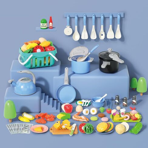 130Pcs Kitchen Playset, Toddler Pretend Cooking Play Pots, Pans, Utensils Cookware, Daily Food Fruit Veges, Shopping Storage Basket, Dessert, Prop Money, Learning Gift for Child (Blue) in Kuwait
