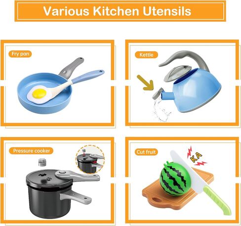 130Pcs Kitchen Playset, Toddler Pretend Cooking Play Pots, Pans, Utensils Cookware, Daily Food Fruit Veges, Shopping Storage Basket, Dessert, Prop Money, Learning Gift for Child (Blue) in Kuwait