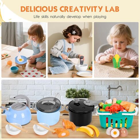 130Pcs Kitchen Playset, Toddler Pretend Cooking Play Pots, Pans, Utensils Cookware, Daily Food Fruit Veges, Shopping Storage Basket, Dessert, Prop Money, Learning Gift for Child (Blue) in Kuwait