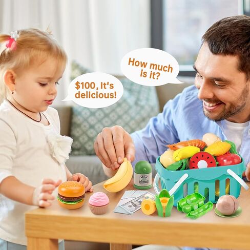 130Pcs Kitchen Playset, Toddler Pretend Cooking Play Pots, Pans, Utensils Cookware, Daily Food Fruit Veges, Shopping Storage Basket, Dessert, Prop Money, Learning Gift for Child (Blue) in Kuwait