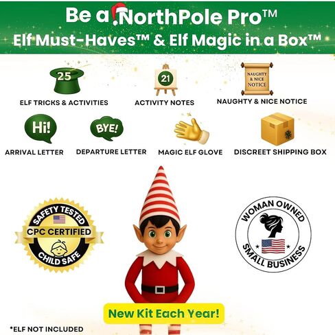 NorthPole Pro™ Elf Kit 2025 - 25 يومًا من ملحقات ودعائم وأنشطة قزم عيد الميلاد - Magic Elf Must-Haves™ & Elf Magic in a Box™ - قفازات سحرية، وملاحظات قزم، وحرف يدوية، ومقالب، وألعاب، وألعاب والمزيد in Kuwait