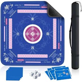Mahjong Mat with Rules for Table with 6 Mahjong Playing Instructions,4Tile Mixer,4Dice & Carrying Bag,Non-Slip and Silent Travel Mahjong Set for Mahjong/Poker/Board Games/Card Games/Dominoes (Blue-1) in Kuwait