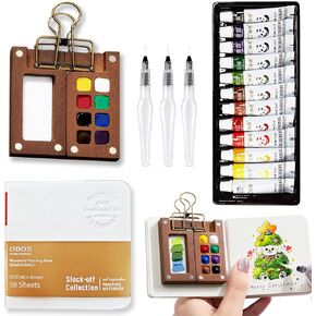 Mini Watercolor Paint Set Portable, Travel Grid Paint Palette Box with Binder Clips Include Paint, Brush*3 and Picture Album Art Materials Coloring Markers (Brown Wood-S) in Kuwait
