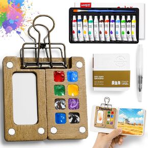 Mini Watercolor Paint set, Portable Watercolor Paint Travel Set, 12 Color Pocket Artist Watercolor Travel Set with Picture Book, 8 Grids Portable Wooden Paint Palette for Painters, Artists, and Students in Kuwait