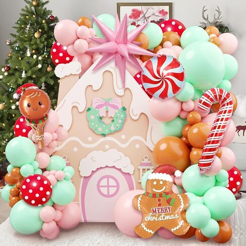 Christmas Gingerbread Balloon Arch Kit,184 Pcs Pink and Green Xmas Balloon Garland Arch with Cookie Figure, Candy and Snowman Balloons for Christmas Party Decorations, Xmas Holiday Event Supplies in Saudi Arabia