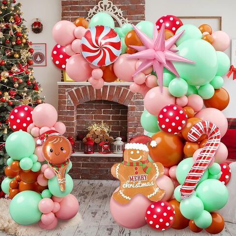 Christmas Gingerbread Balloon Arch Kit,184 Pcs Pink and Green Xmas Balloon Garland Arch with Cookie Figure, Candy and Snowman Balloons for Christmas Party Decorations, Xmas Holiday Event Supplies in Saudi Arabia
