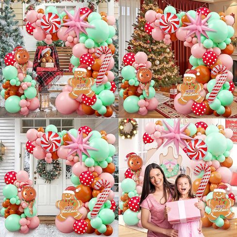 Christmas Gingerbread Balloon Arch Kit,184 Pcs Pink and Green Xmas Balloon Garland Arch with Cookie Figure, Candy and Snowman Balloons for Christmas Party Decorations, Xmas Holiday Event Supplies in Saudi Arabia